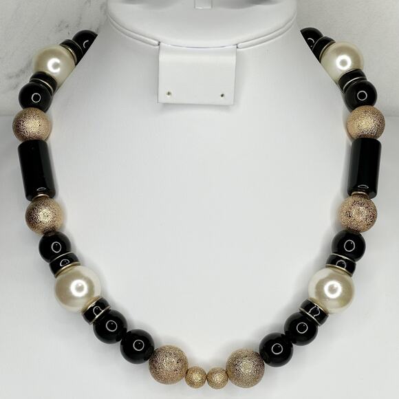 Chico's Chunky Faux Pearl Black Beaded Statement Necklace ✨ - Picture 1 of 9